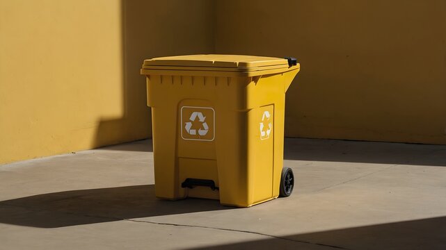 Contenedor amarillo de reciclaje para envases sobre superficie urbana iluminada por el sol