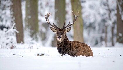 A majestic deer with impressive antlers rests serenely in a snowy woodland scene, gazing directly at the viewer