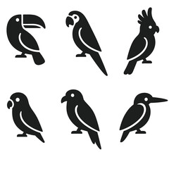 Fototapeta premium Tropical Bird Icons. Solid style icons of tropical birds: toucan, macaw, parrot, cockatoo, lovebird, hornbill, lorikeet,