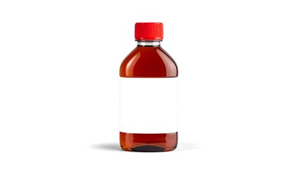 Amber liquid in plastic bottle with white label and red cap