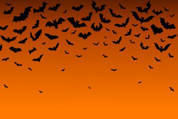 Vector illustration of flying bats with Happy Halloween text, spooky holiday background design in orange and black