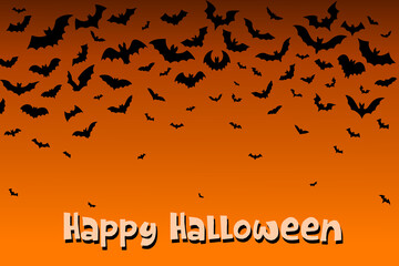 illustration of flying bats with Happy Halloween text, spooky holiday background design in orange and black