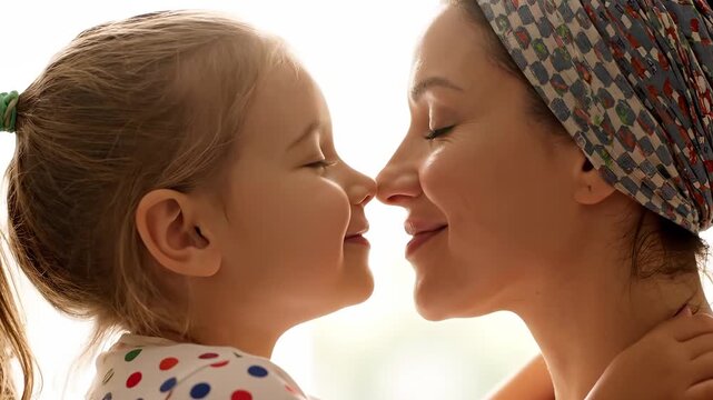 Mother and child touching noses in a loving embrace. A heartwarming close-up showing affection and tenderness. Parental bonding, maternal love, childhood memories.