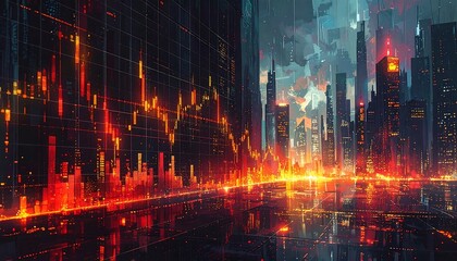 Futuristic cityscape with glowing charts