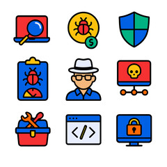 Fototapeta premium Ethical Hacking Icons. Flat vector icons of ethical hacking and testing: penetration test icon, bug bounty symbol, test shield,