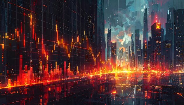 Futuristic cityscape with glowing charts - Powered by Adobe