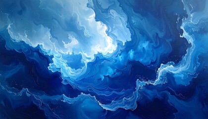 A vibrant, abstract artwork showcasing swirling, layered blues and whites, mimicking a dynamic cloudscape with a subtle golden shimmer