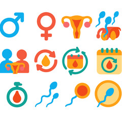 Bright Reproductive Icons. Flat vector icons of reproductive system: male symbol, female symbol, uterus and ovaries, testes and