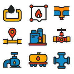 Pipeline Network Icons. Flat vector icons of pipeline network and transport: oil flow diagram, gas route map, underground pipeline