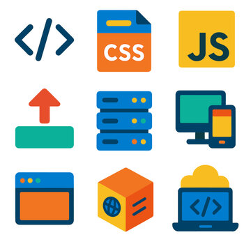Web Development Icons. Flat vector icons of web development: HTML tag icon, CSS file, JavaScript logo, code deployment arrow,