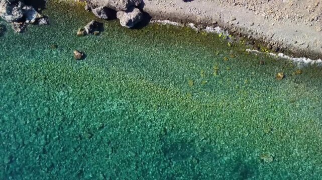 aerial footage captures the pristine beauty of Adasi, Turkey, featuring crystal clear turquoise waters revealing submerged rocks and a rugged, untouched coastline. Perfect for travel, nature, and rela