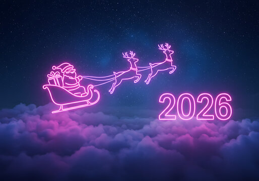 Neon Santa and "2026" in Starry Sky – Futuristic Holiday Spirit and New Year Magic


