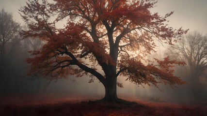 &Aacute;rbol solitario en bosque oto&ntilde;al con hojas rojas y niebla al amanecer en atm&oacute;sfera misteriosa
