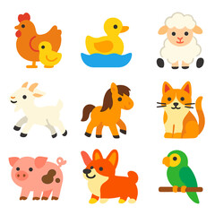Cute Farm Icons. Flat vector icons of cute farm and domestic animals: hen with chick, duckling paddling, fluffy lamb sitting, goat