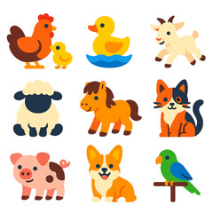 Naklejka premium Cute Farm Icons. Flat vector icons of cute farm and domestic animals: hen with chick, duckling paddling, fluffy lamb sitting, goat