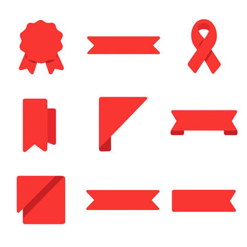 Flat Ribbon Icons. Flat vector icons of small red ribbon accents: mini badge ribbon, decorative ribbon line, tiny folded ribbon,