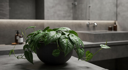 Lush Pothos plant in a sleek, minimalist concrete bathroom, highlighting modern interior design and natural decor for a serene living space