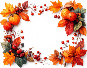 Obraz premium Autumn composition. Frame with Fall Foliage Berries and Pumpkins on White Background