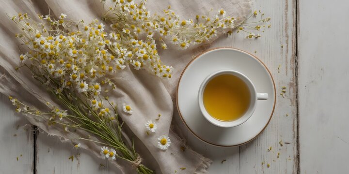 Taza de t&eacute; de manzanilla con flores frescas sobre mesa r&uacute;stica en composici&oacute;n natural y acogedora