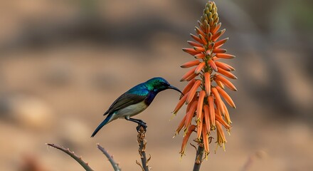Obraz premium Colorful sunbird perched near orange aloe flower nature scene close up