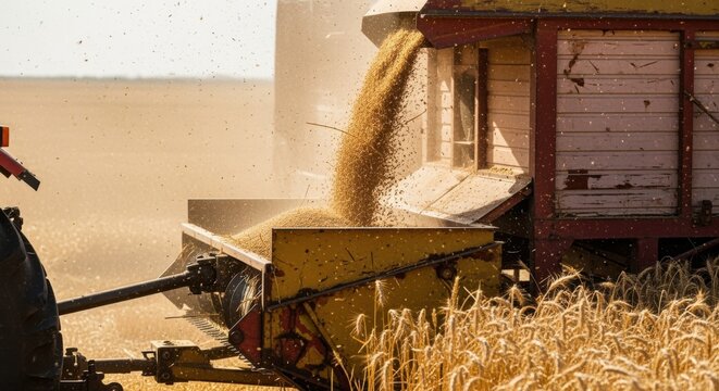 Closeup medium shot of a tractorpowered threshing machine separating kernels from stalks dust rising in the bright daylight.