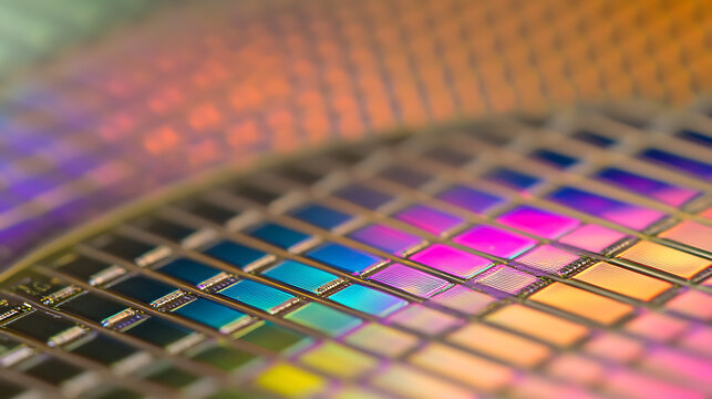 A shimmering wafer filled with microchips in a colorful array of blues, purples, pinks, and oranges, reflecting precision and technological advancement.