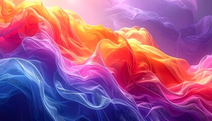 A vibrant abstract composition. Colorful, flowing, translucent ribbons of various hues dance in soft light, creating a dreamy, ethereal feeling
