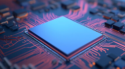 Close-up of a computer chip on a circuit board. The blue hue and glowing traces suggest advanced technology and intricate design.