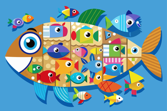 Naklejki vector of Each child makes a fish out of cardboard (they can decorate with buttons, stickers or paint). Then all the fish are glued on a big blue cardboard and a collective aquarium is made.