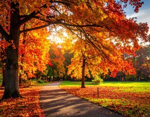 Obraz premium Autumn park path bathed in sunlight