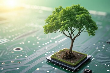 A growing green tree on a circuit board depicting eco technology