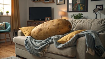 An oversized potato relaxing on a cozy living room couch