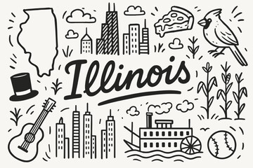 Fototapeta premium Illinois doodle icon set. chicago landmarks, state symbols in line art style