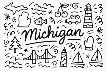 Michigan doodle icon set. hand-drawn, outline style illustrations of michigan symbols