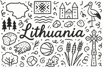 &ldquo;lithuania line icon set. cultural symbols, landmarks and nature outline collection&rdquo;