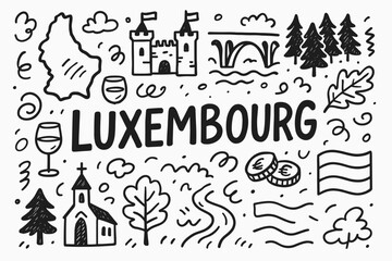 Luxembourg doodle icon set. fun outline icons for travel and culture enthusiasts