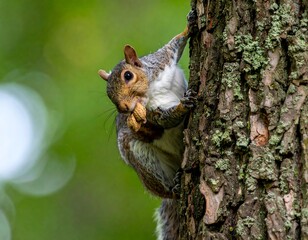 Grey squirrel holding nut on tree
