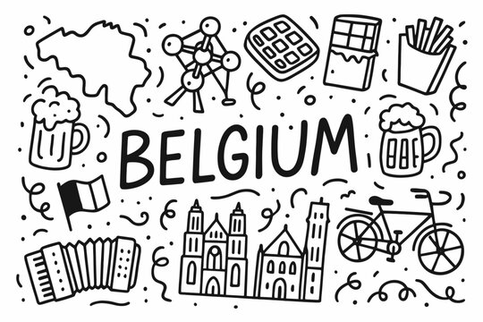Belgium silhouette icon set. famous landmarks, cuisine, cultural symbols in silhouette style
