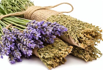 Aromatic Herb Bundles: A captivating still life showcasing three distinct herb bundles, their vibrant colors and textures, evoking sensory delight in the heart of a serene. Ai generated image. 