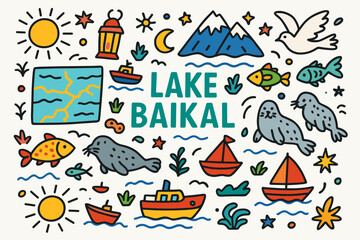 Lake baikal flat icon set. nature, wildlife, travel, water, adventure icons collection