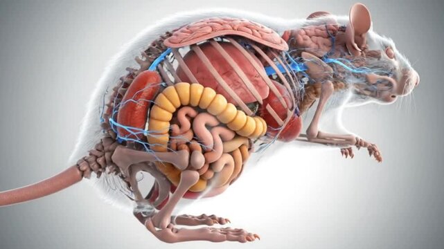 Revealing the White Mouse Anatomy Medical 3D Animation with Transparent Fur Displaying Brain Heart Intestines Bone