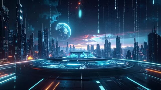 Futuristic cityscape with vibrant neon lights and a distant celestial body background