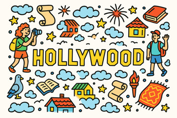 Naklejka premium Hollywood travel flat icon set. los angeles tourism icons collection
