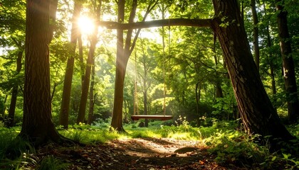 Sunlight streams through a forest, illuminating a swing