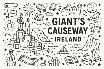 Obraz premium Travel and ireland linear icon set. explore giant's causeway and culture.
