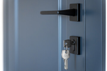 Naklejka premium Side door handle. Keys on ring. Matte blue panel.