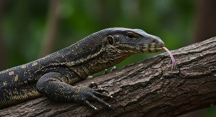 Fototapeta premium Close up of a lizard on a branch showcasing detailed texture and vibrant colors