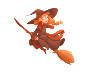 Young female witch riding broomstick in brown outfit with hat on transparent background