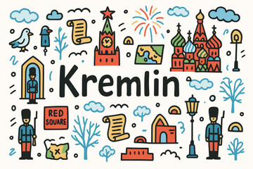 Naklejka premium Russian landmarks flat icon set. moscow, kremlin, red square symbols collection