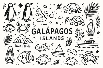 Fototapeta premium Galápagos islands linear icon set. wildlife, nature icons in outline collection.